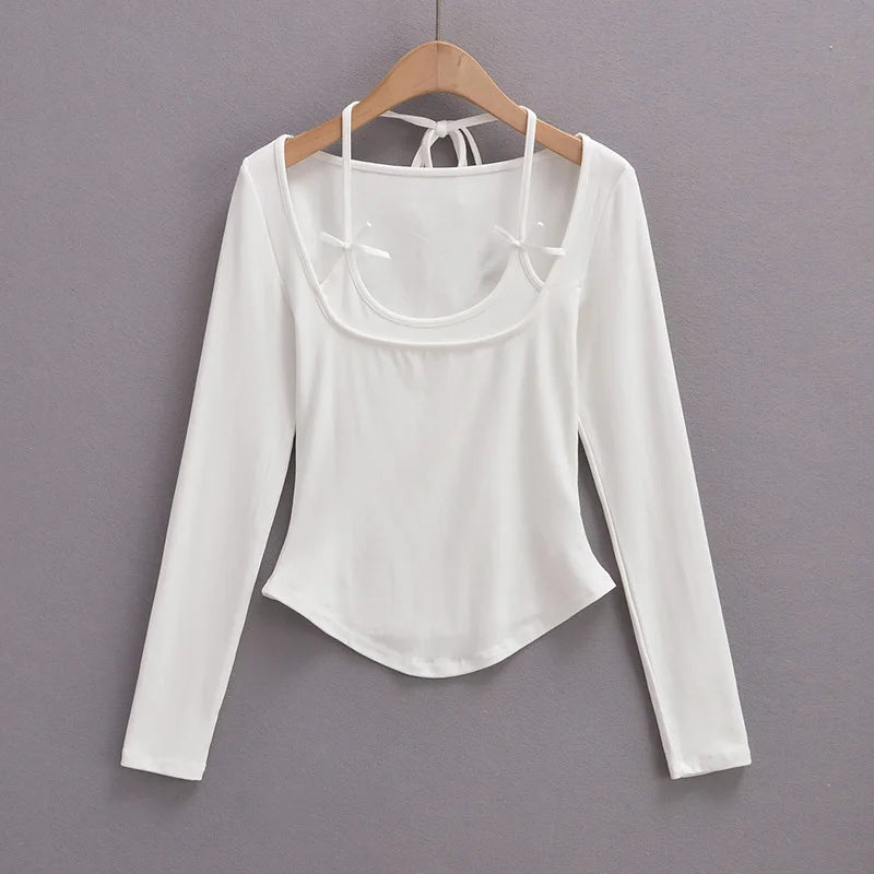 Halter Tops - Halter Crop Top Faux 2 Pieces Long Sleeve