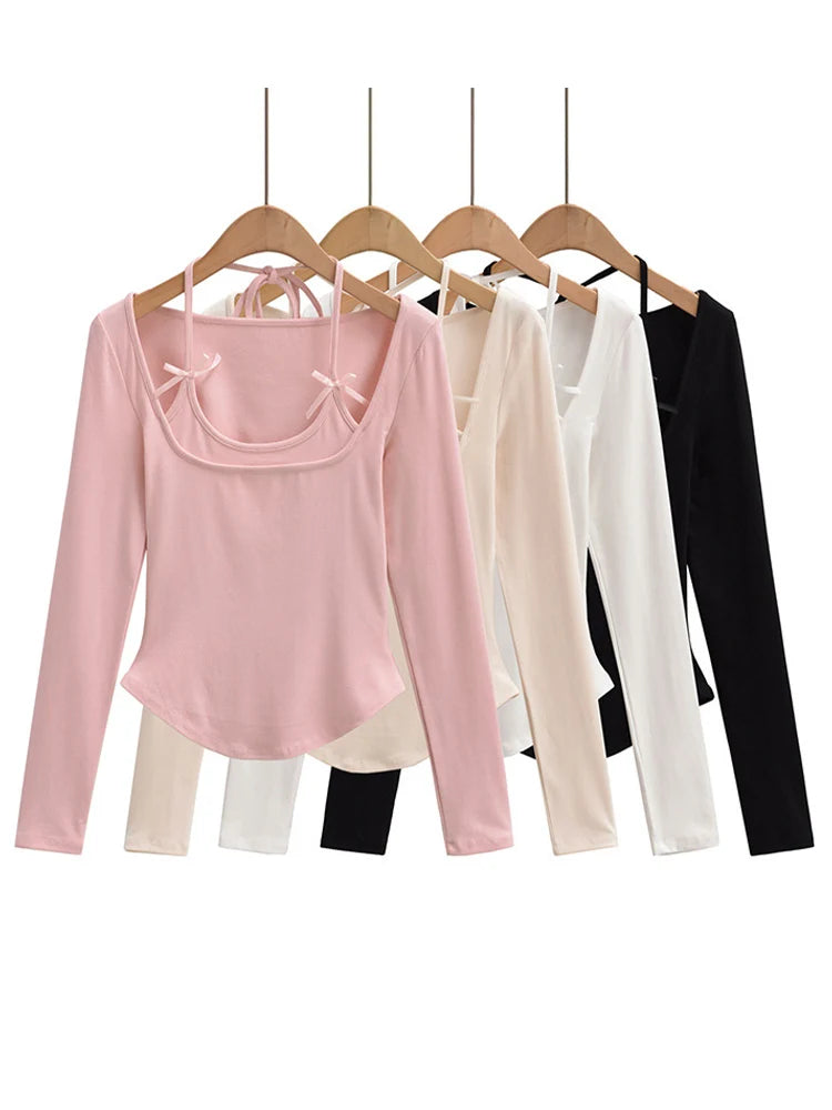 Halter Tops - Halter Crop Top Faux 2 Pieces Long Sleeve