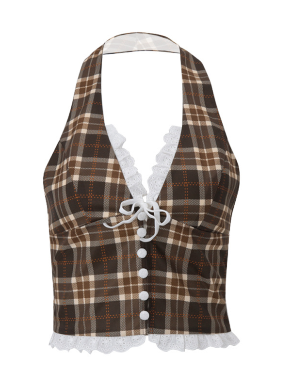 Halter Tops- Lace-Trimmed Plaid Halter Top for Women- - Pekosa Women Fashion