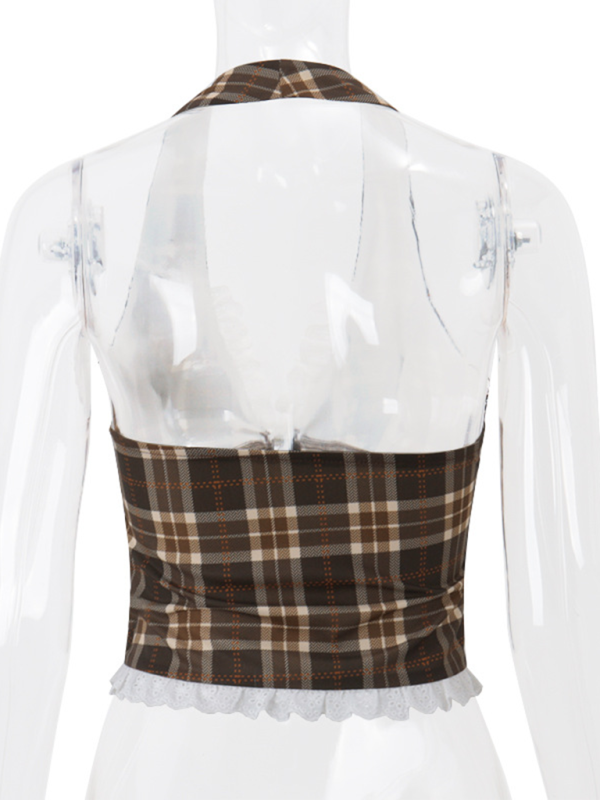 Halter Tops- Lace-Trimmed Plaid Halter Top for Women- - Pekosa Women Fashion