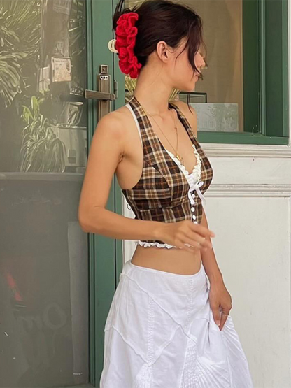 Halter Tops- Lace-Trimmed Plaid Halter Top for Women- - Pekosa Women Fashion