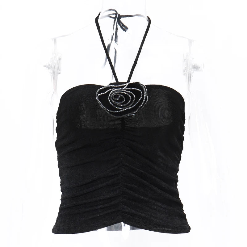 Halter Tops - Trendy Black Halter Top with Flower Appliqué