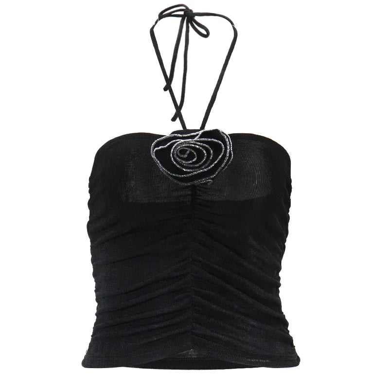 Halter Tops - Trendy Black Halter Top with Flower Appliqué