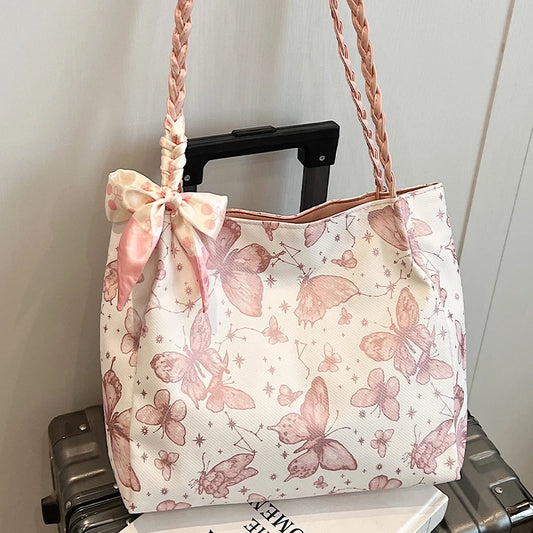 HandBags - Romantic Floral Handbag with Braided Straps - Butterfly Purse