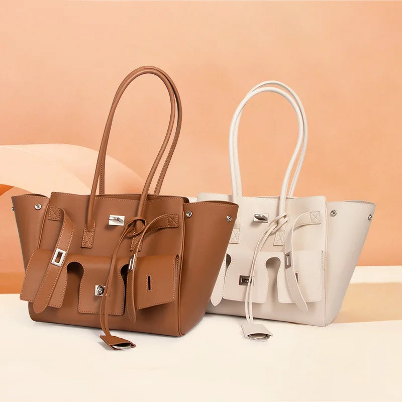 HandBags - Trendy Cowhide Tote with Modern Buckle Design