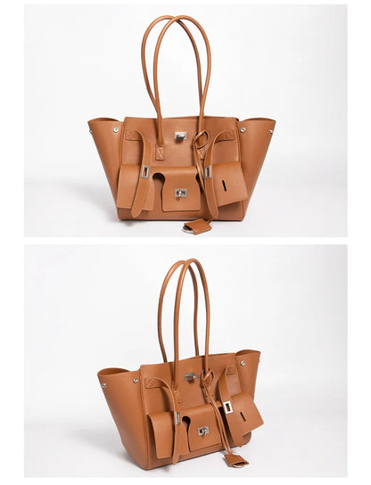 HandBags - Trendy Cowhide Tote with Modern Buckle Design