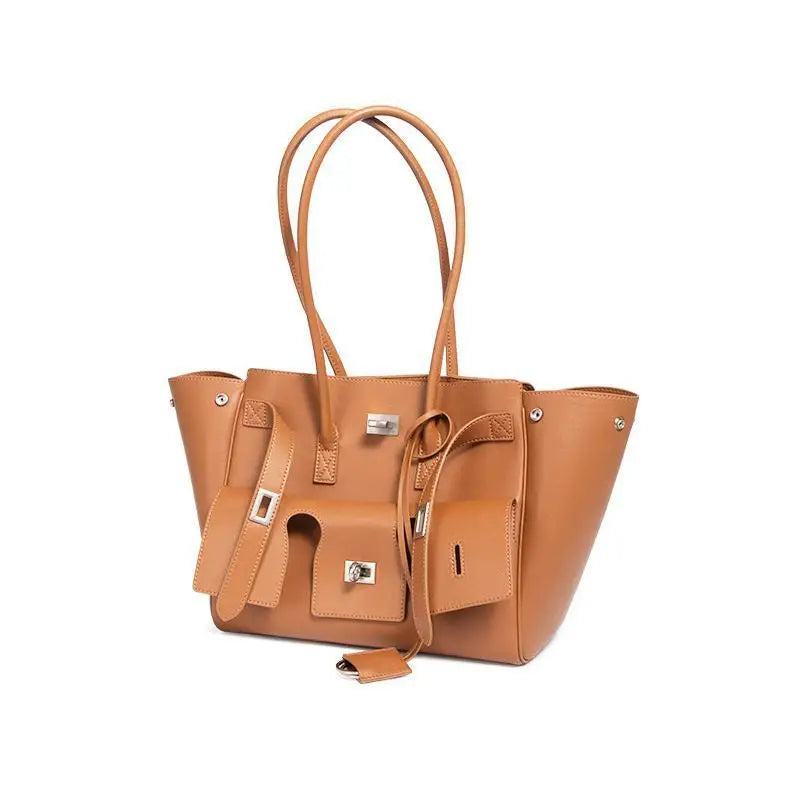 HandBags - Trendy Cowhide Tote with Modern Buckle Design