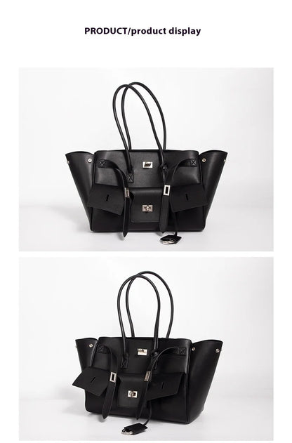 HandBags - Trendy Cowhide Tote with Modern Buckle Design