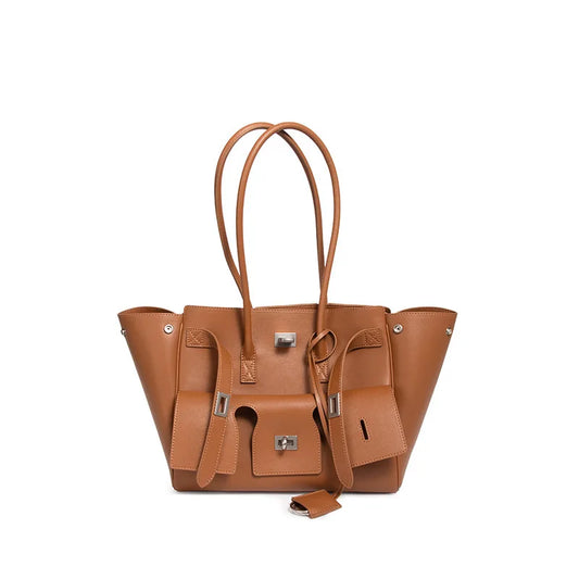 HandBags - Trendy Cowhide Tote with Modern Buckle Design