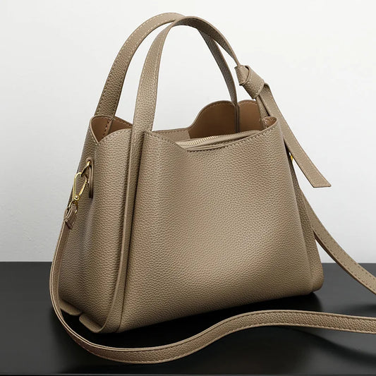 Handbags- Multi-Purpose Handbag Faux Leather Tote Bag for Work & Leisure- Khaki- Pekosa Women Fashion