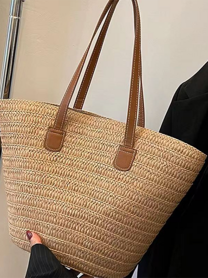Handbags- Women's Essential Straw Beach Bag- Khaki- Pekosa Women Fashion