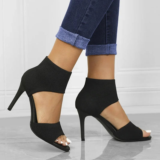 Heels - Casual Open Toe Heels with Knit Ankle Cover