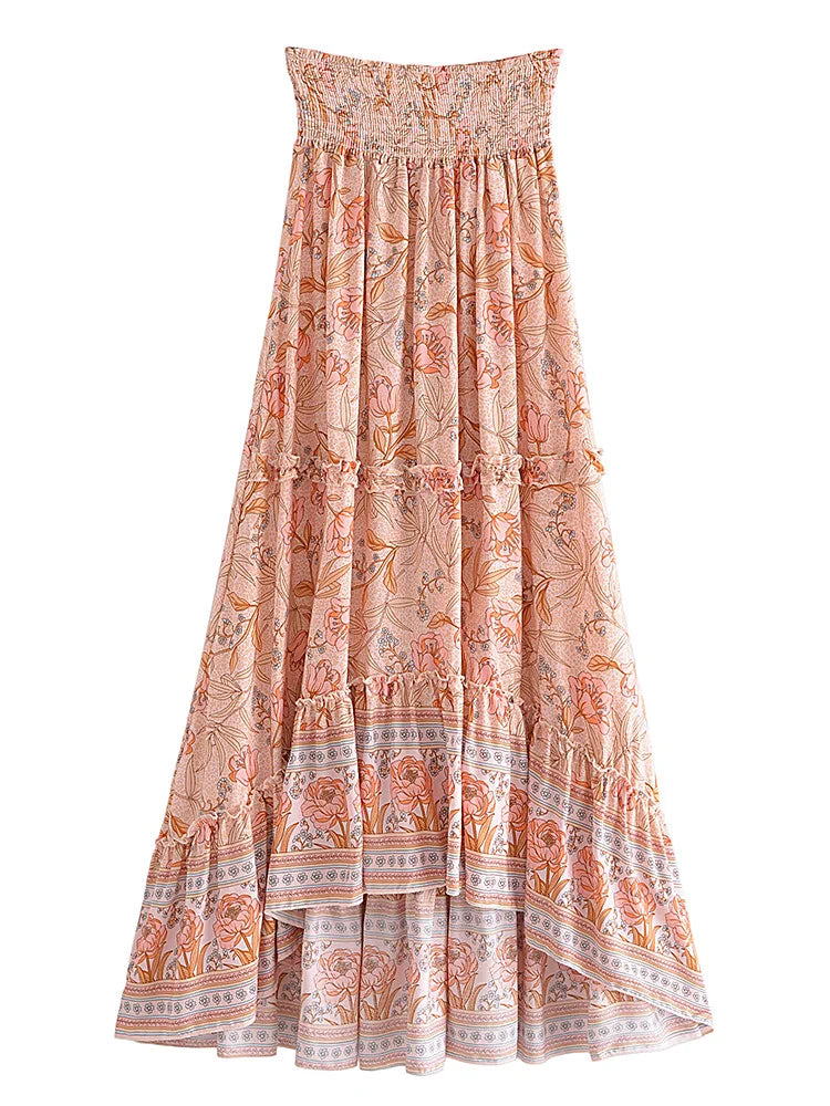 High-Low Skirts- Boho High-Low Floral Skirt- Pink- Chuzko Women Clothing