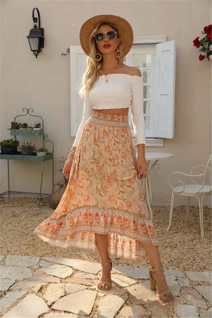 High-Low Skirts- Boho High-Low Floral Skirt- - Chuzko Women Clothing