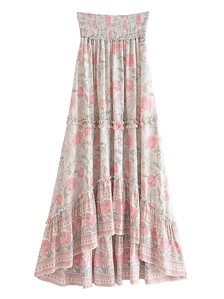 High-Low Skirts- Boho High-Low Floral Skirt- Beige- Chuzko Women Clothing