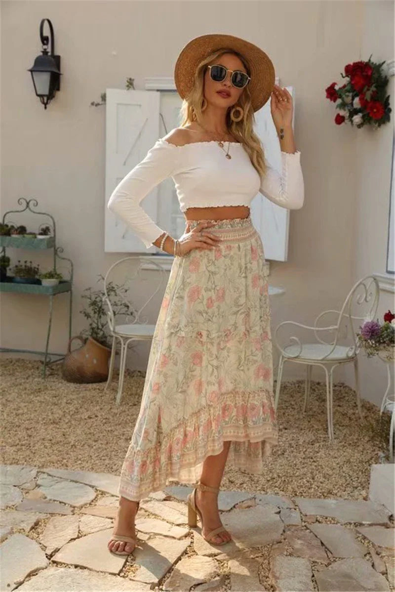 High-Low Skirts- Boho High-Low Floral Skirt- - Chuzko Women Clothing