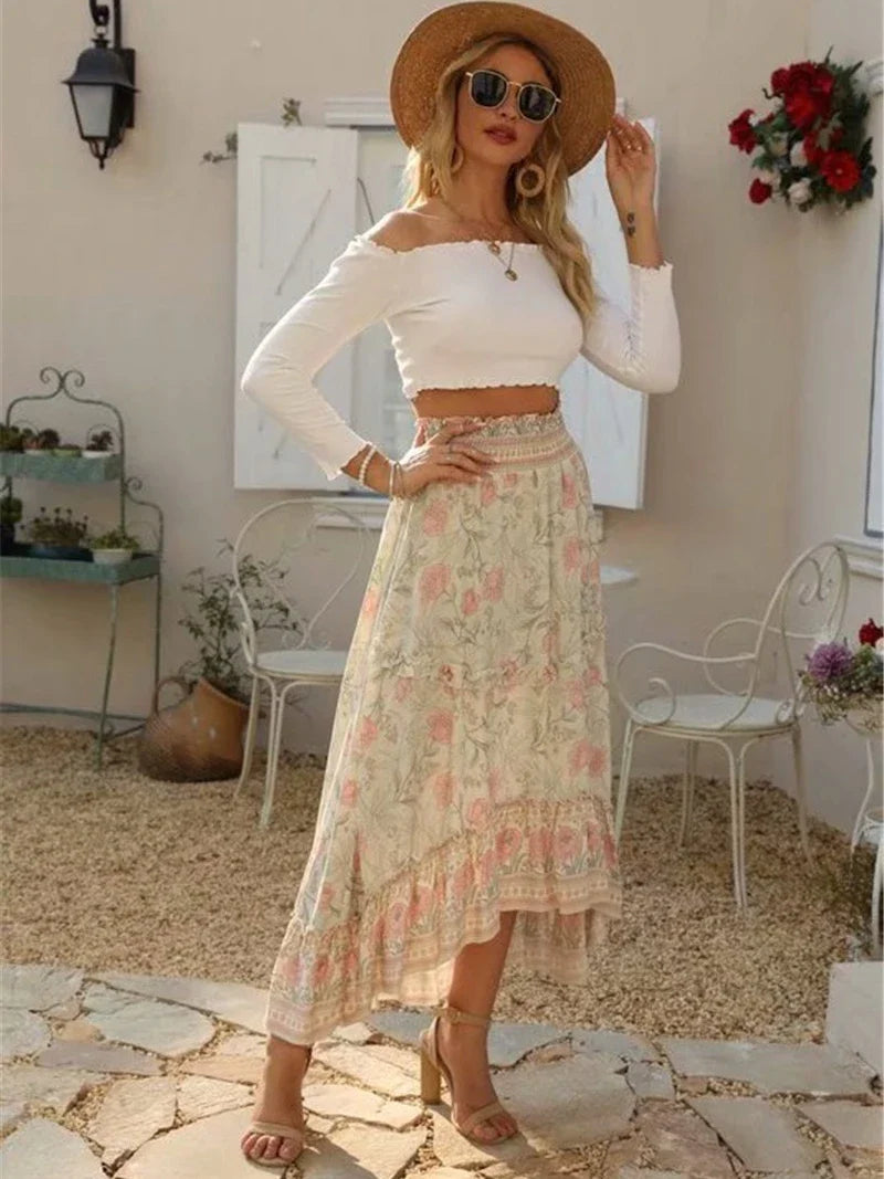 High-Low Skirts- Boho High-Low Floral Skirt- - Chuzko Women Clothing