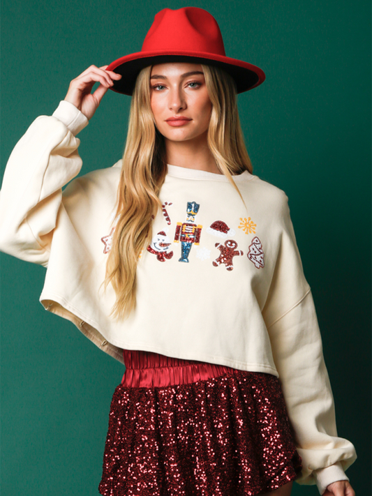 Holiday Sweatshirt - Festive Nutcracker Sequined Crop Sweatshirt - Holiday Special