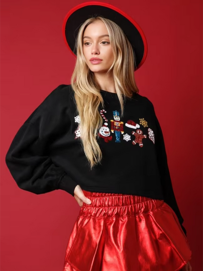 Holiday Sweatshirt - Festive Nutcracker Sequined Crop Sweatshirt - Holiday Special