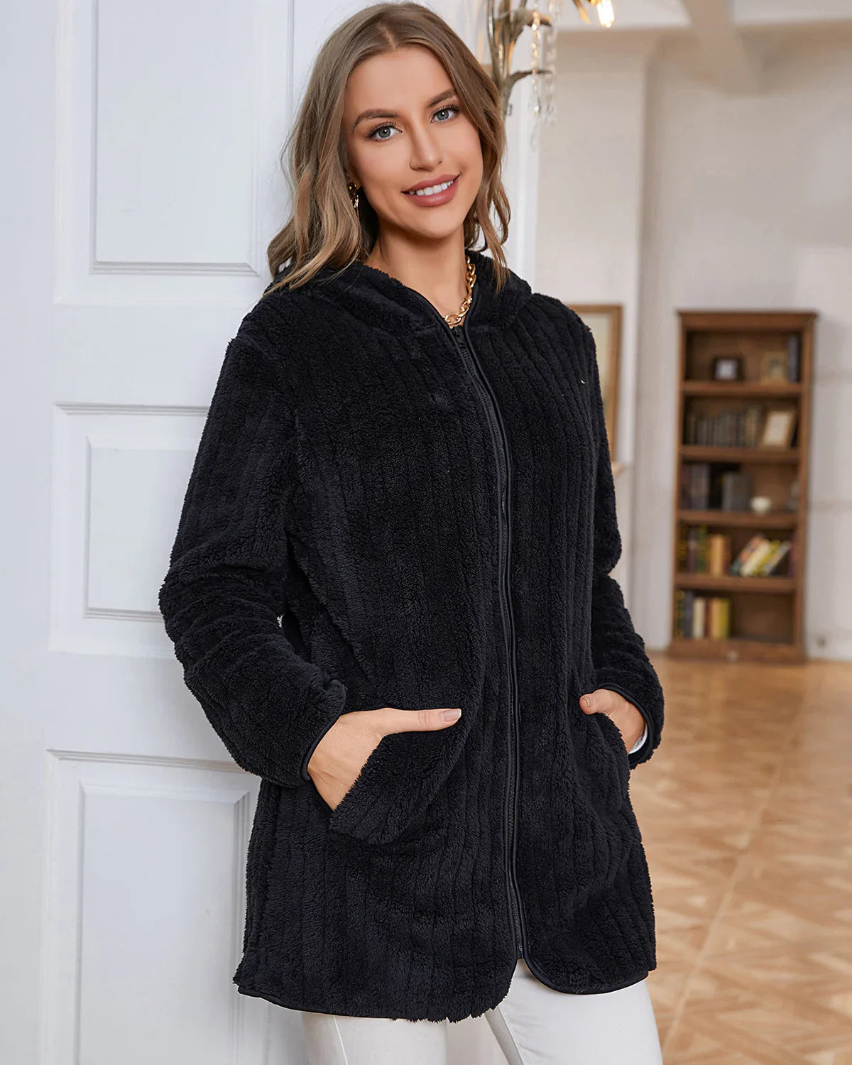 Hooded Cardigans- Women Roomy Fuzzy Hooded Jacket Cardigan for Chilly Days- black- Chuzko Women Clothing