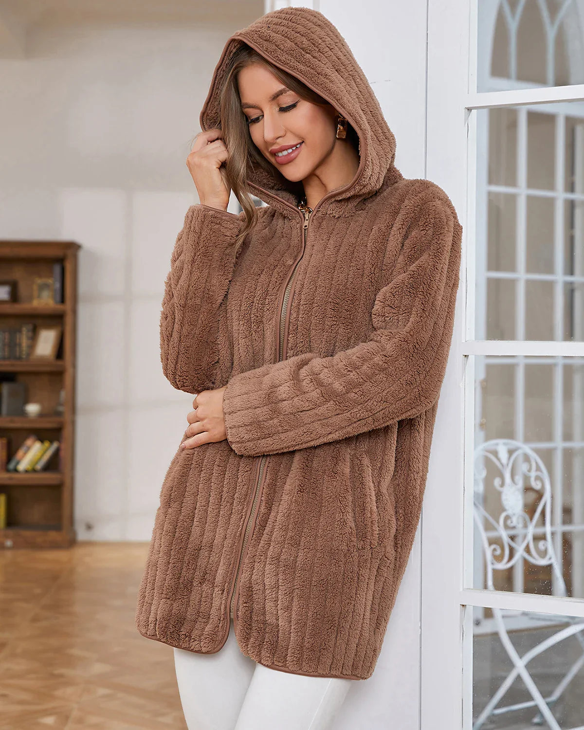 Hooded Cardigans- Women Roomy Fuzzy Hooded Jacket Cardigan for Chilly Days- - Chuzko Women Clothing