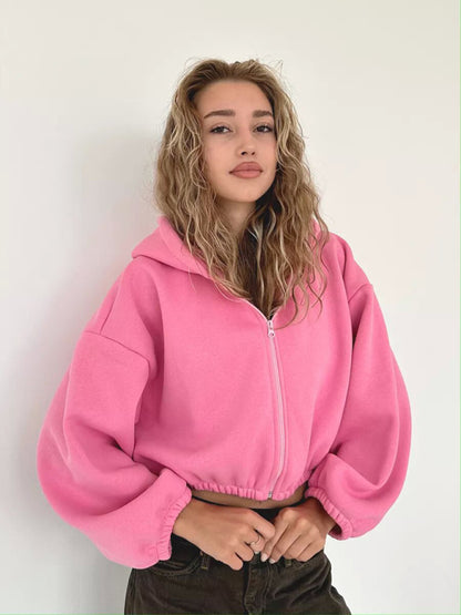 Hoodies - Crop Zip Hoodie Balloon Sleeve Sweatshirt