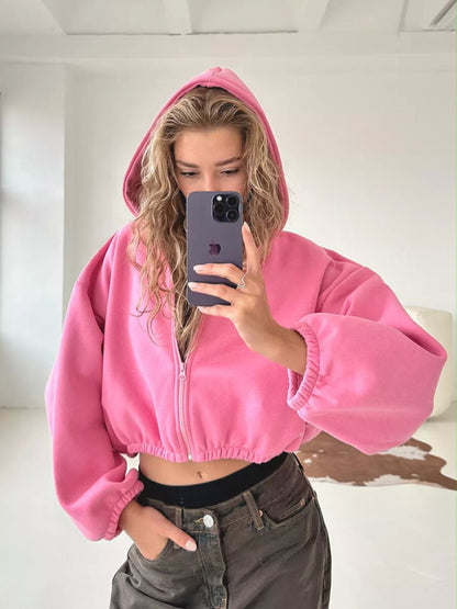 Hoodies - Crop Zip Hoodie Balloon Sleeve Sweatshirt