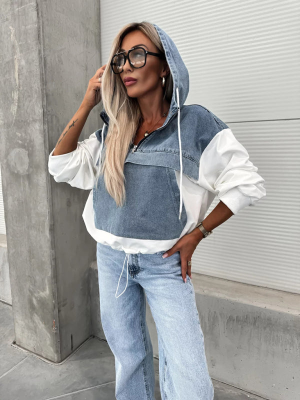 Hoodies - Denim Hoodie for Women Patchwork Sweatshirt