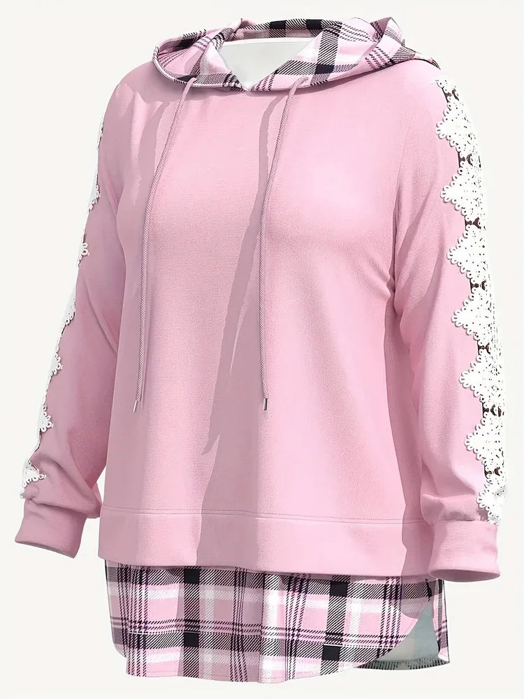 Hoodies- Plus Size Lace Panel Hoodie Plaid Sweatshirt