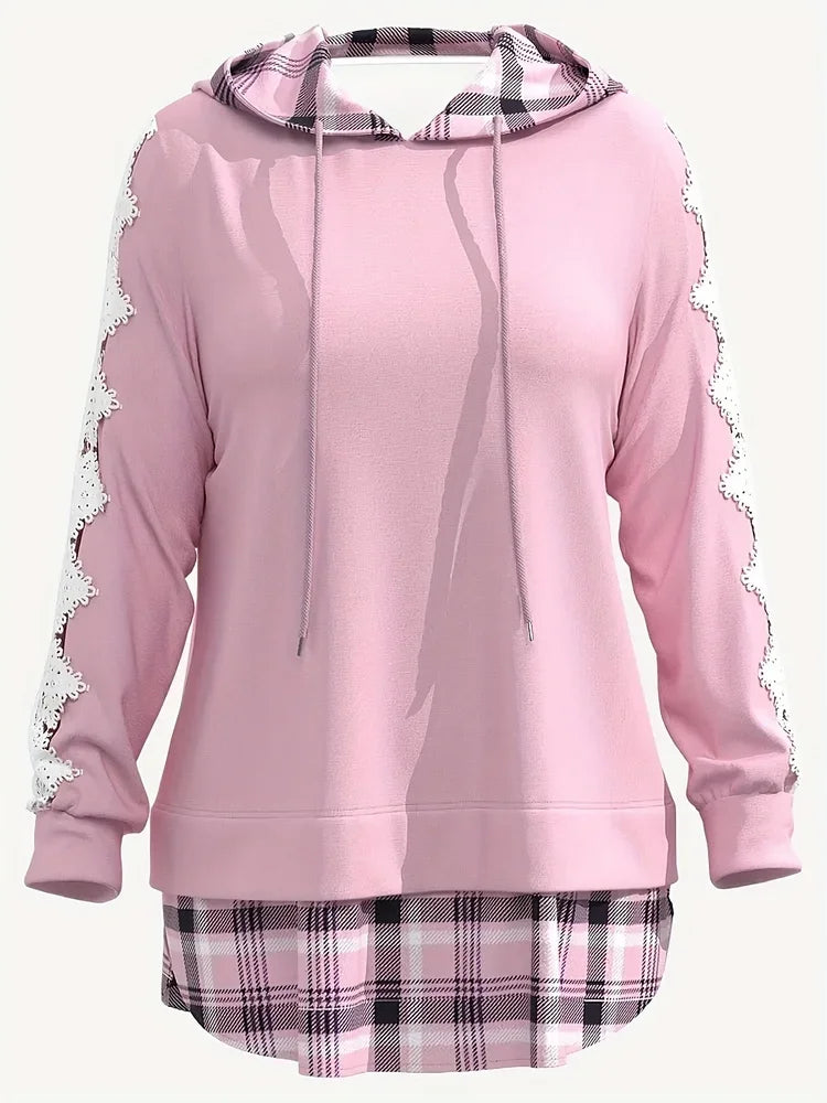 Hoodies- Plus Size Lace Panel Hoodie Plaid Sweatshirt