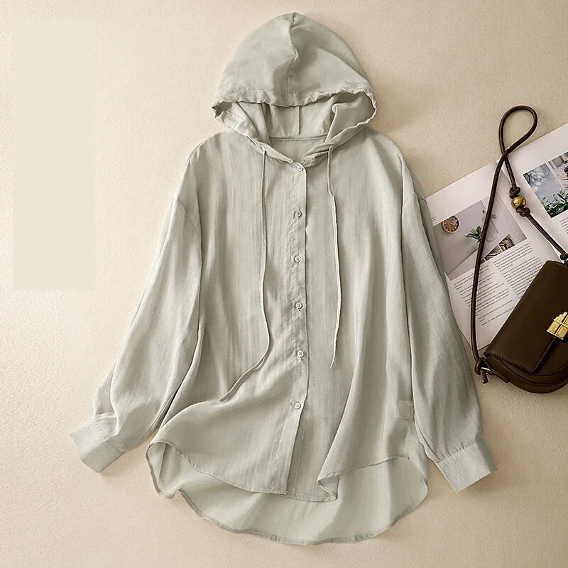 Hoodies- Textured Hooded Loose Long Sleeve Shirt- Gray- Chuzko Women Clothing