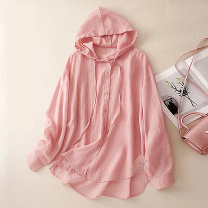 Hoodies- Textured Hooded Loose Long Sleeve Shirt- Pink- Chuzko Women Clothing