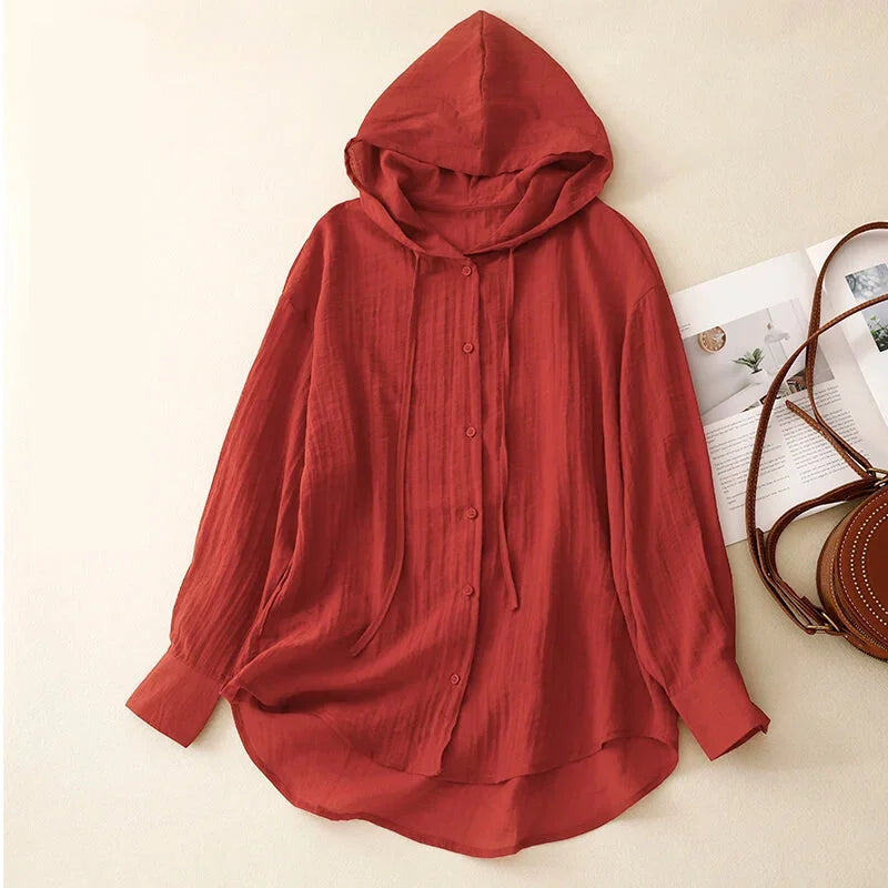 Hoodies- Textured Hooded Loose Long Sleeve Shirt- Red- Chuzko Women Clothing