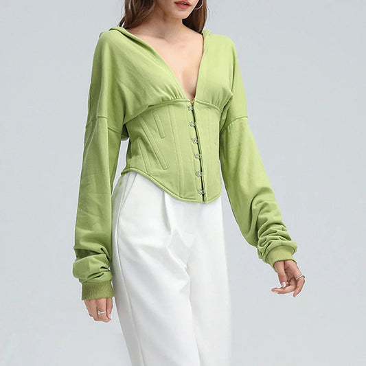 Hoodies - Trendy Green Hoodie with Corset Design for Women