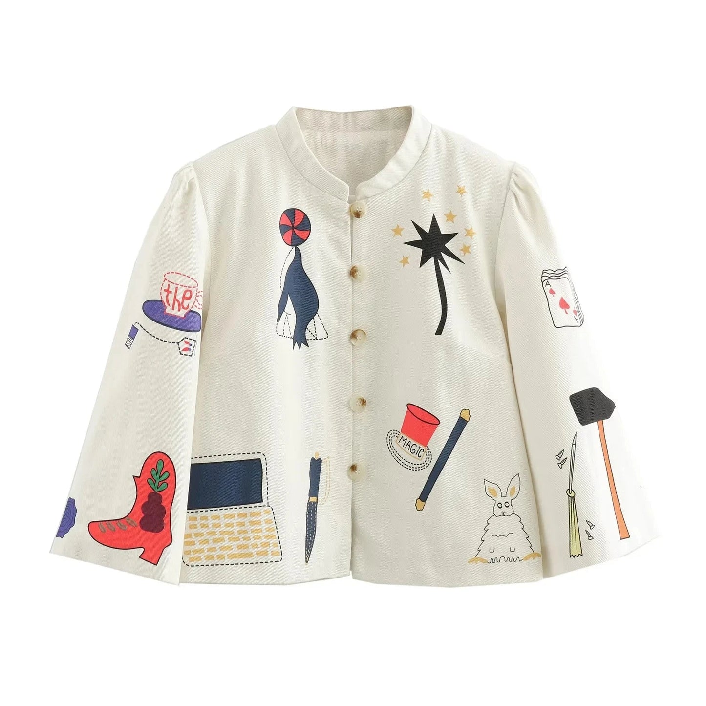 Jackets- Artistic Creative Soul Mandarin Collar Jacket- White- Pekosa Women Fashion