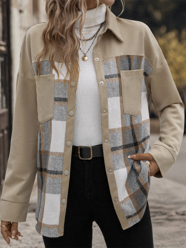 Jackets - Beige Plaid Single-Breasted Coat-Jacket