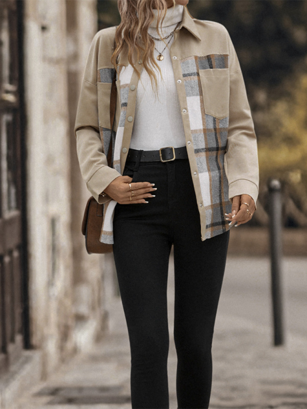 Jackets - Beige Plaid Single-Breasted Coat-Jacket