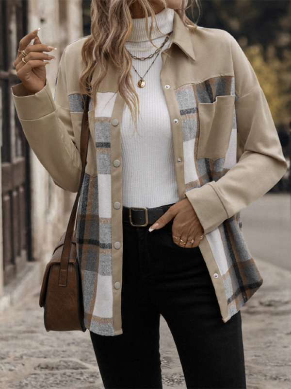 Jackets - Beige Plaid Single-Breasted Coat-Jacket