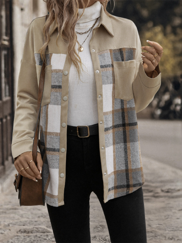 Jackets - Beige Plaid Single-Breasted Coat-Jacket