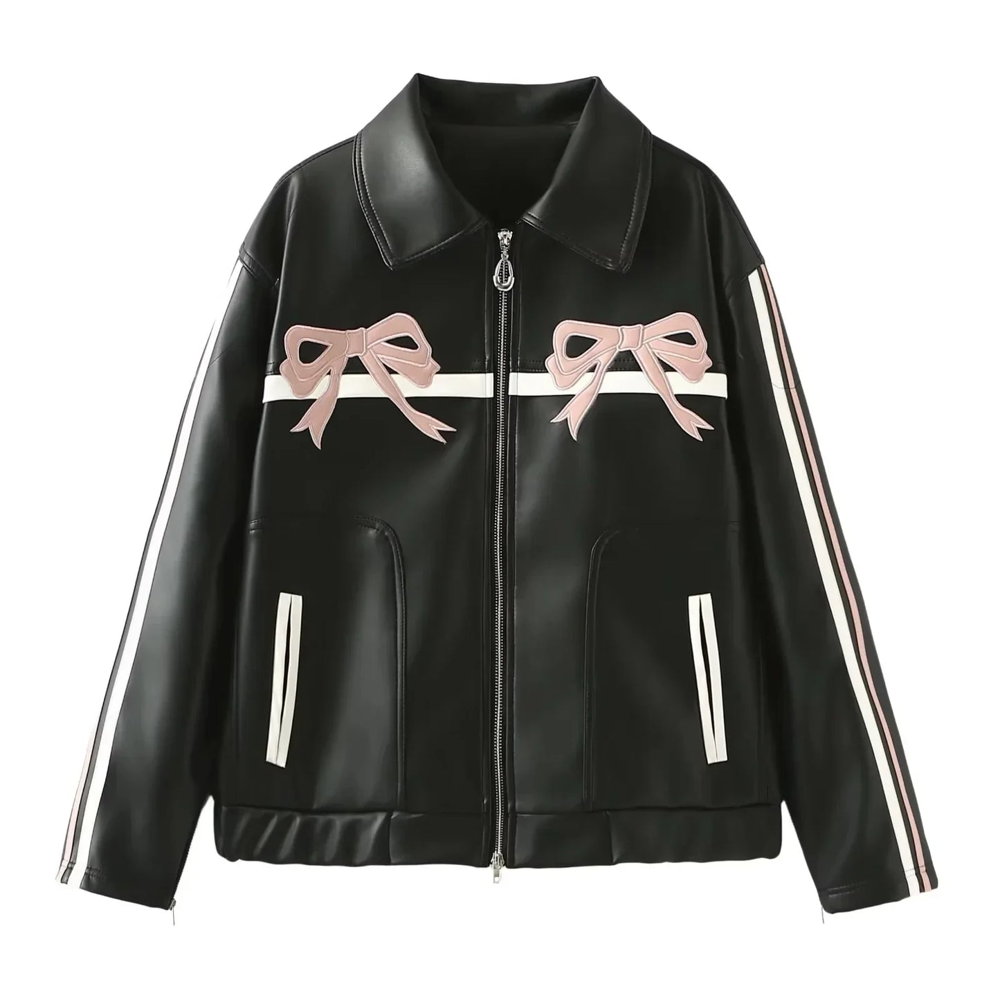 Jackets- Bow-Detailed Leather Jacket for Women- Pink- Chuzko Women Clothing