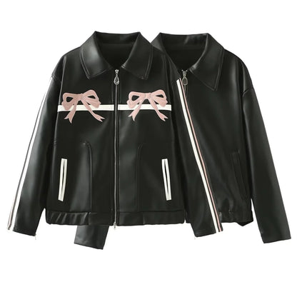 Jackets- Bow-Detailed Leather Jacket for Women- - Chuzko Women Clothing