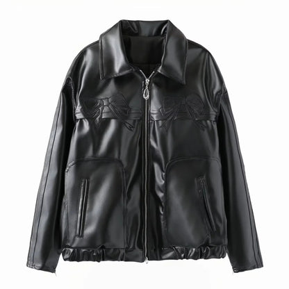 Jackets- Bow-Detailed Leather Jacket for Women- black- Chuzko Women Clothing