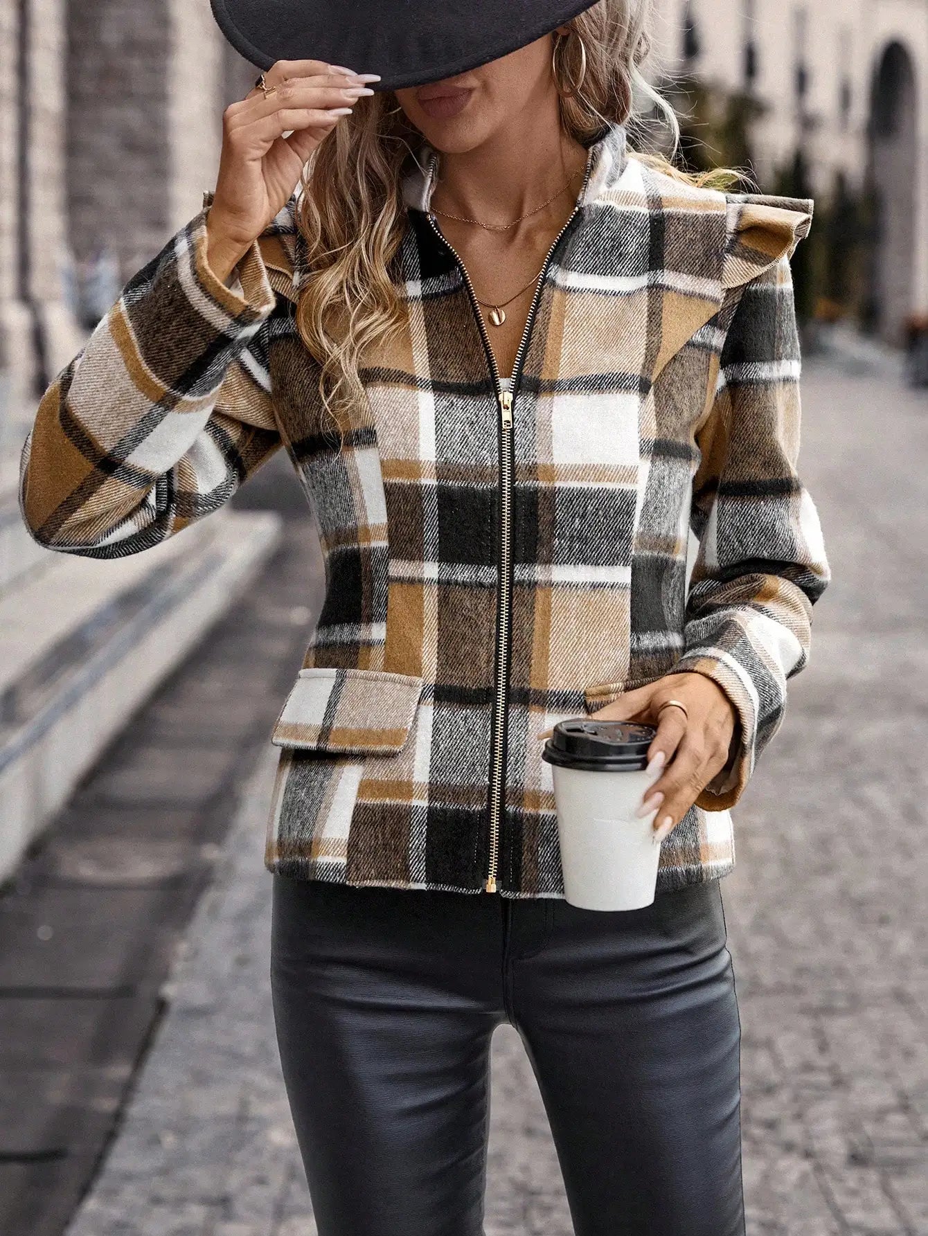 Jackets- Checkered Zip-Up Jacket for a Modern Look- - Chuzko Women Clothing