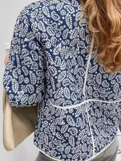 Jackets - Classic Blue Floral Mandarin Jacket