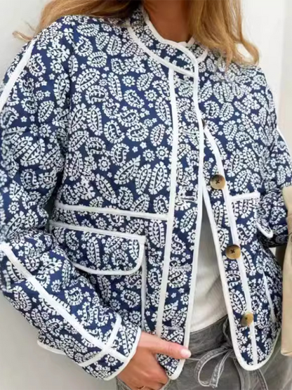 Jackets - Classic Blue Floral Mandarin Jacket