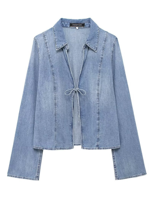 Jackets- Denim Tie-Front Jacket for Women- Blue- Pekosa Women Fashion