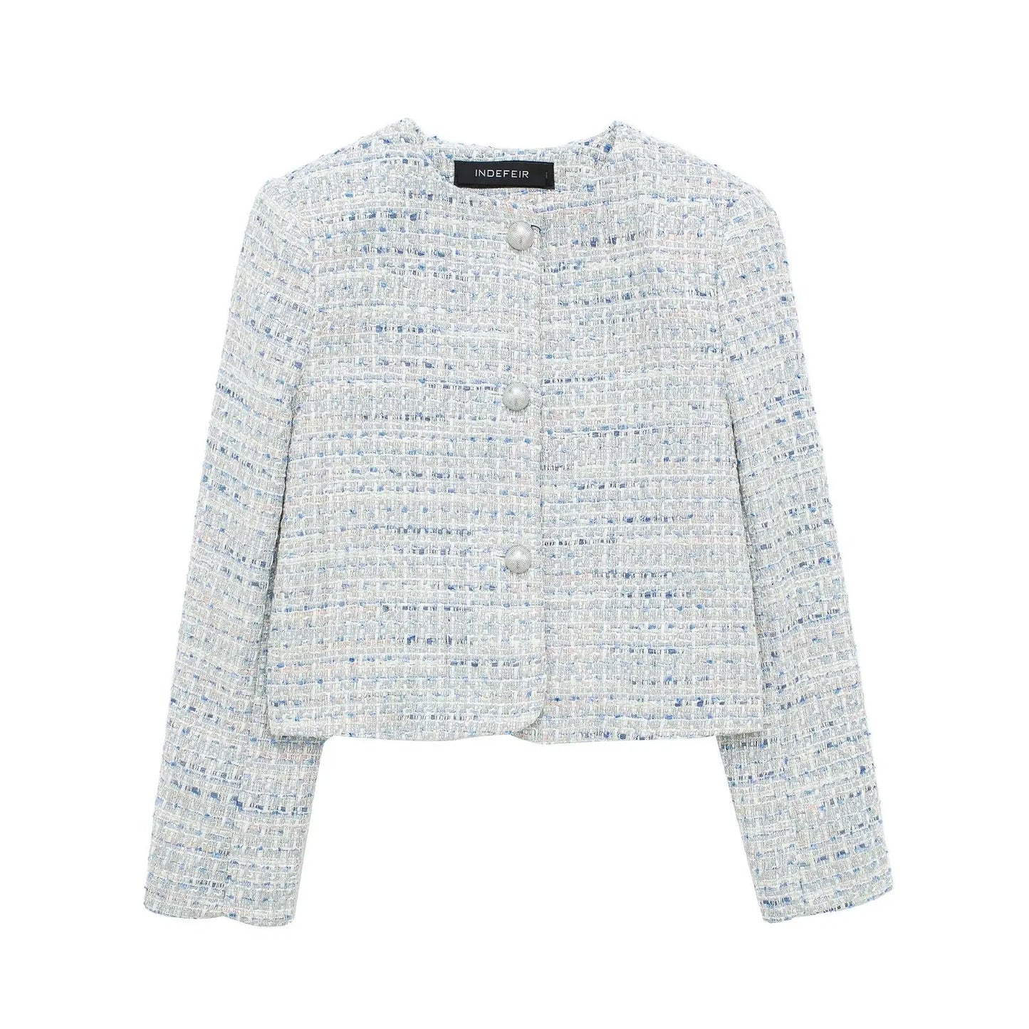 Jackets- Tweed Cropped Jacket for Classic Elegance- Gray Blue- Pekosa Women Fashion