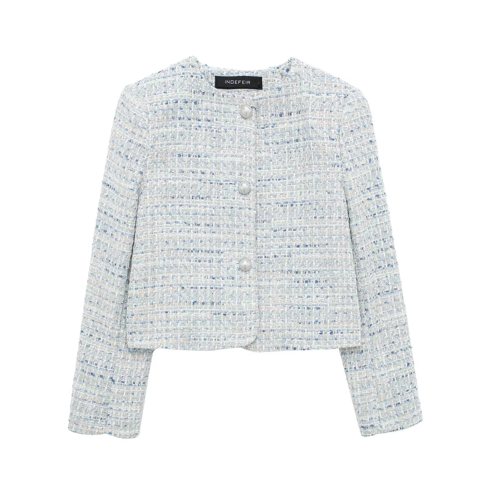 Jackets- Tweed Cropped Jacket for Classic Elegance- Gray Blue- Pekosa Women Fashion