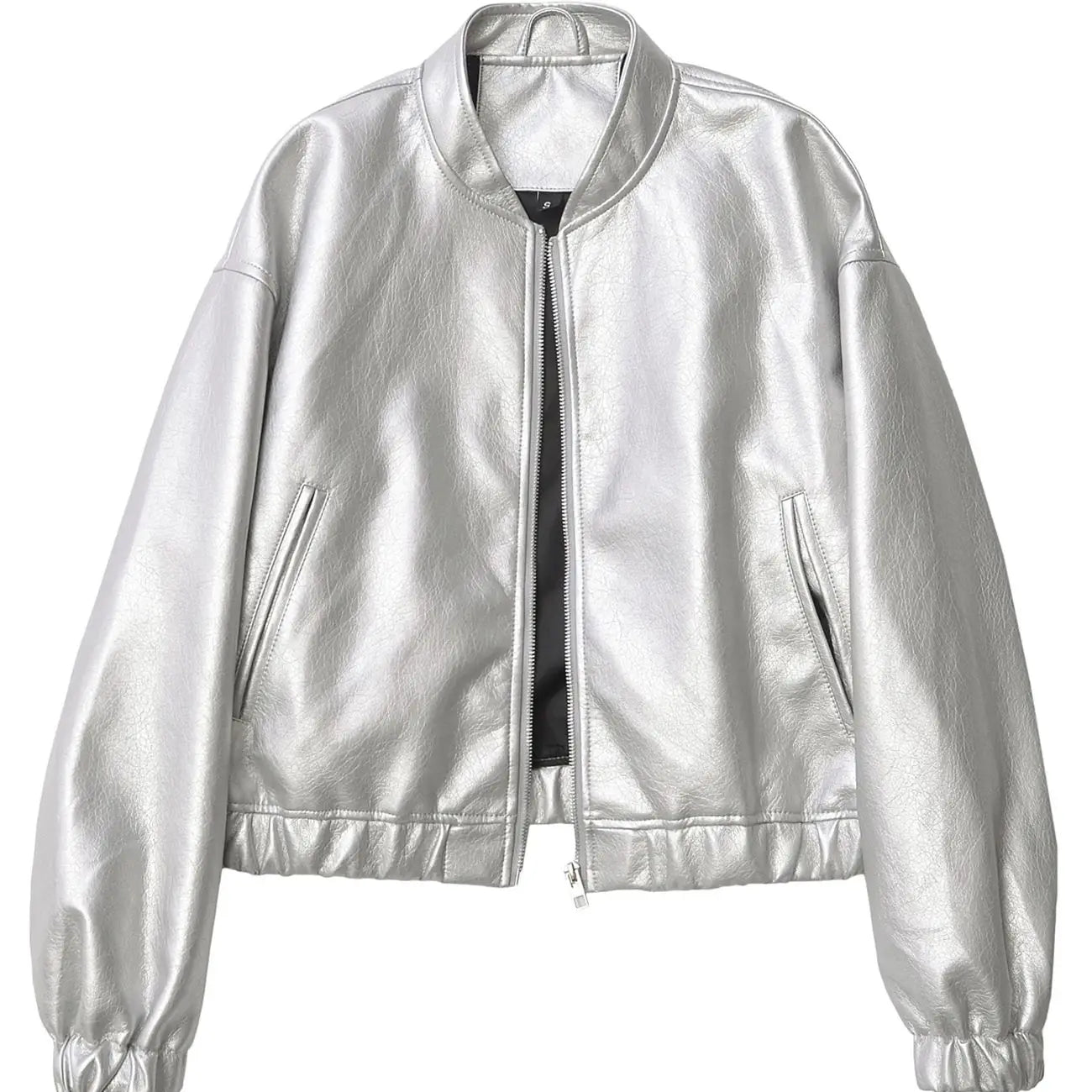 Jackets- Metallic Moto Women's Faux-Leather Jacket- Silver- Chuzko Women Clothing