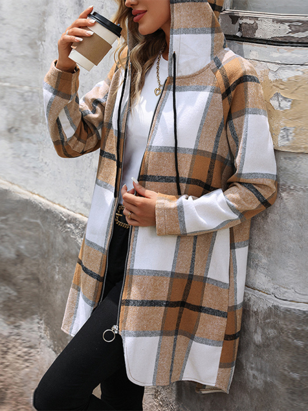 Jackets - Plaid Hooded Long Jacket - Ideal for Fall